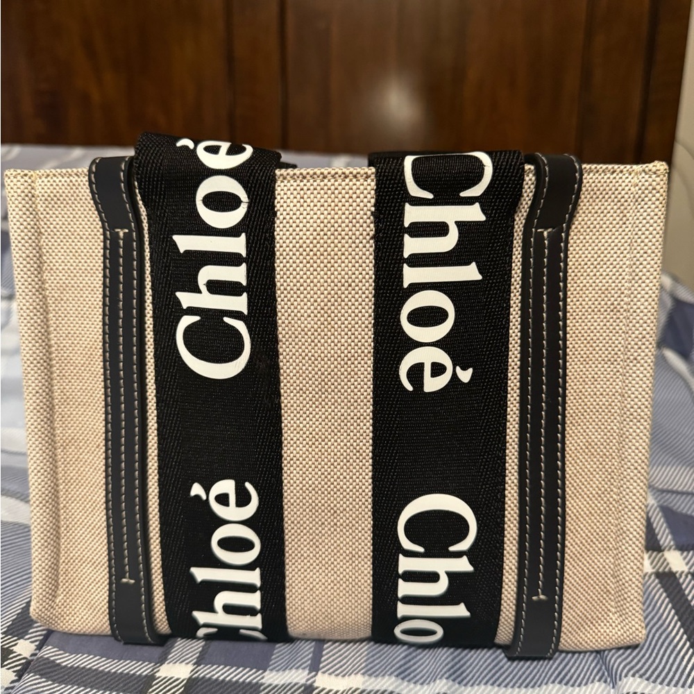 ❤️AUTH. CHLOE Cotton Calfskin Small
Woody Ribbon Tote With Strap Black Blue❤️